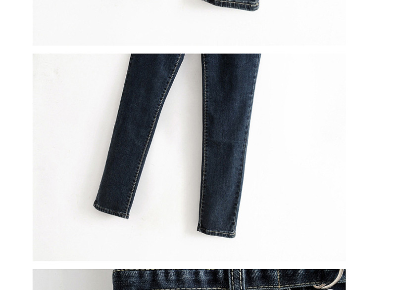 Fashion Blue Black Washed Double Belt High Waist Elastic Feet Jeans,Denim
