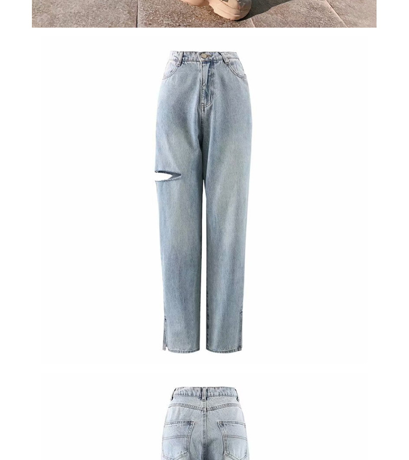 Fashion Blue Washed Open Unilateral Ripped Jeans,Pants