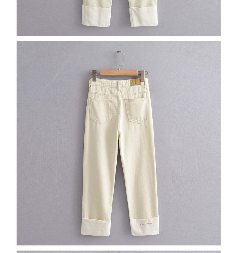 Fashion White Washed Trousers Cuffed Printed High Waist Straight Jeans,Pants