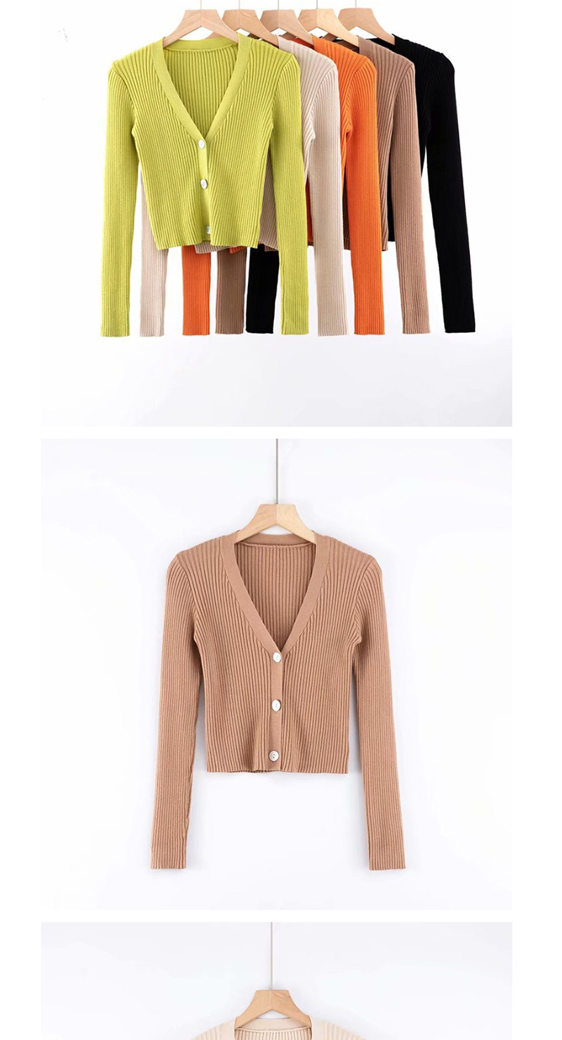 Fashion Cream Apricot V-neck Single-breasted Knit T-shirt,Sweater
