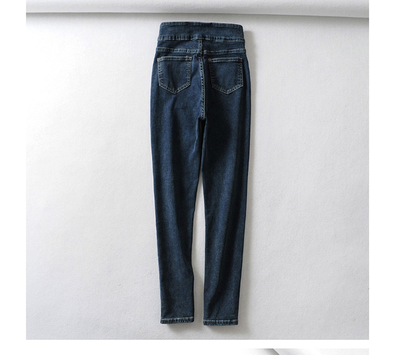 Fashion Blue Black Washed Front Double Pocket High Waist Stretch Feet Jeans,Pants