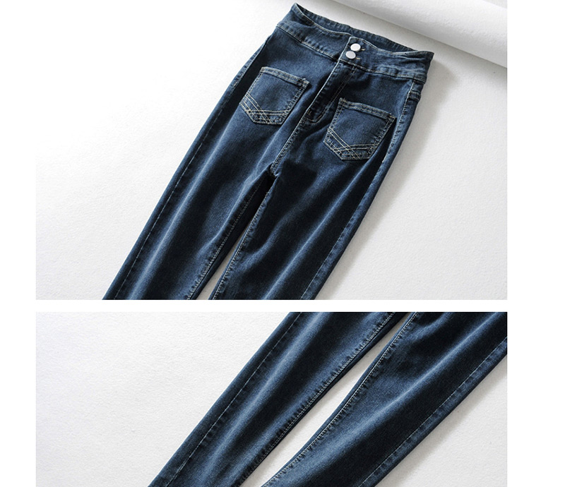 Fashion Blue Black Washed Front Double Pocket High Waist Stretch Feet Jeans,Pants