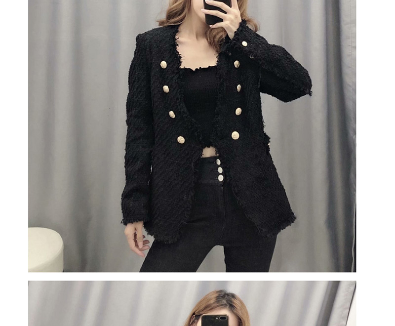 Fashion Black Double-breasted Tweed Jacket,Coat-Jacket