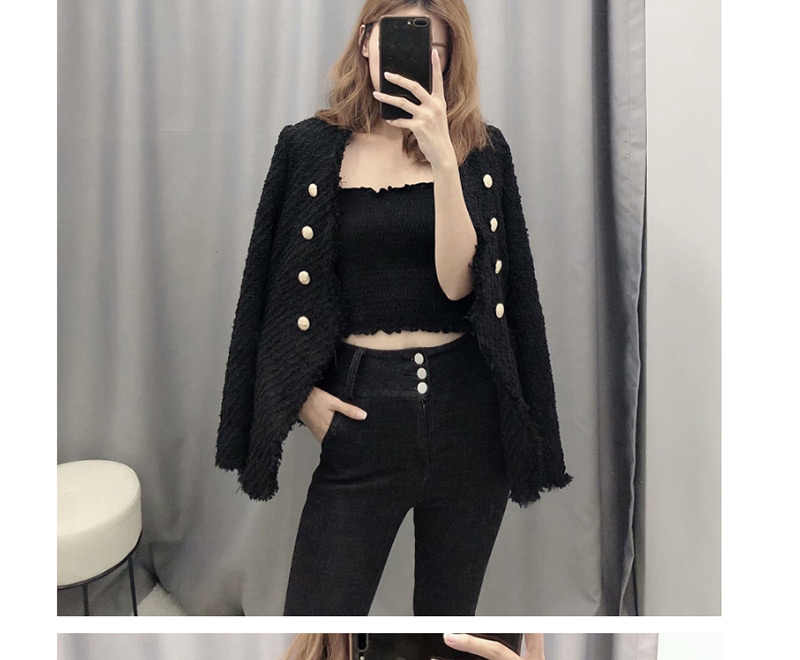 Fashion Black Double-breasted Tweed Jacket,Coat-Jacket
