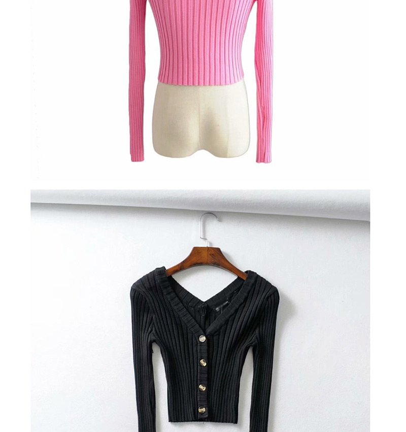 Fashion Black Knit V-neck Single-breasted Sweater,Sweater