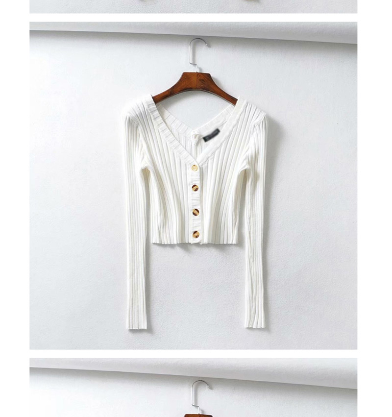 Fashion White Knit V-neck Single-breasted Sweater,Sweater