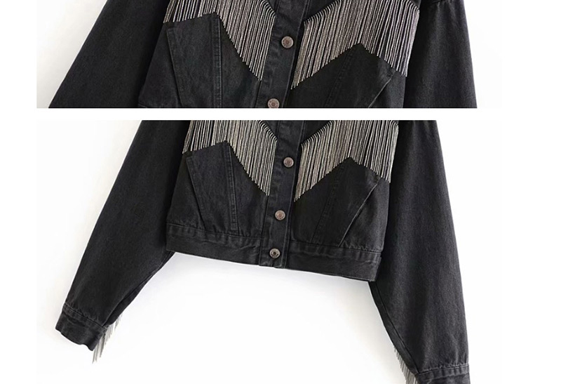 Fashion Black Washed Metal Fringed Denim Jacket,Coat-Jacket