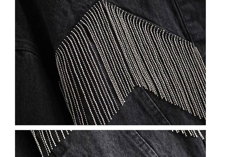 Fashion Black Washed Metal Fringed Denim Jacket,Coat-Jacket