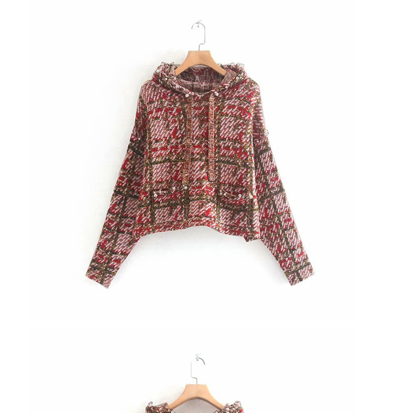 Fashion Pink Beaded Plaid Knit Hooded Pullover Sweater,Coat-Jacket