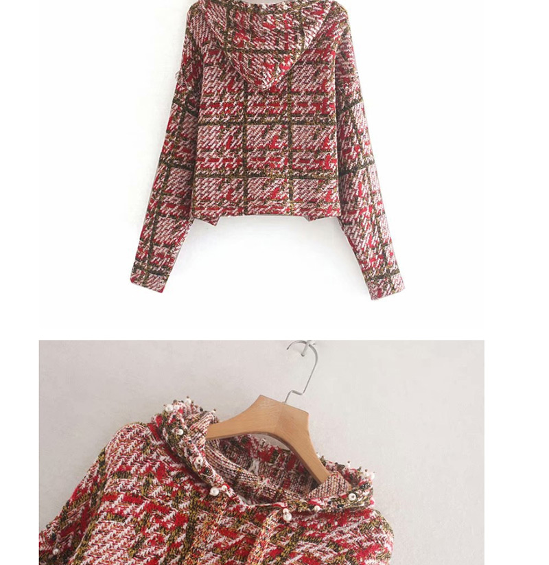 Fashion Pink Beaded Plaid Knit Hooded Pullover Sweater,Coat-Jacket