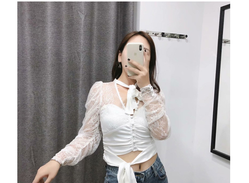 Fashion White Lace Openwork Bow Perspective Shirt,Blouses