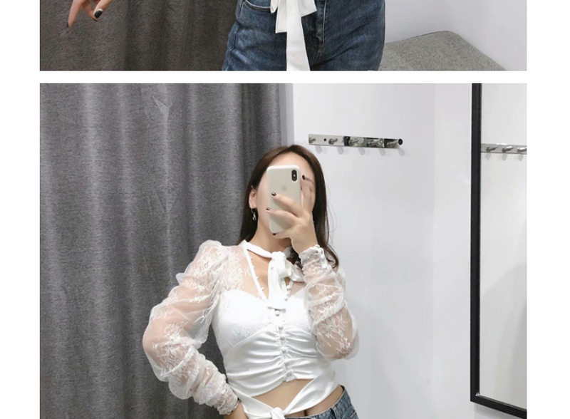 Fashion White Lace Openwork Bow Perspective Shirt,Blouses