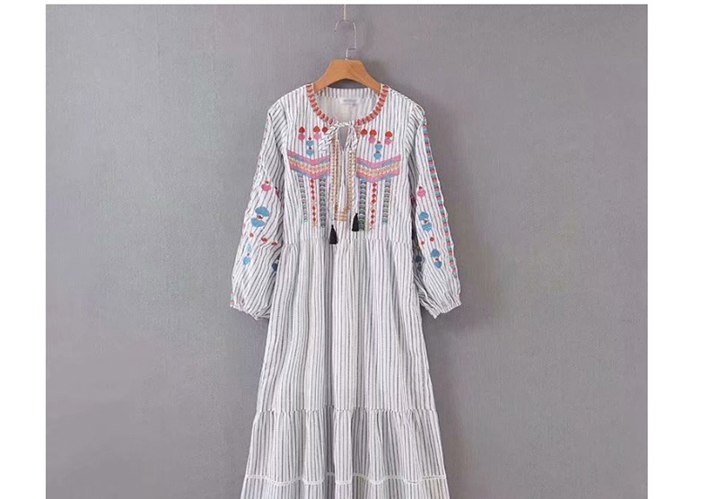 Fashion White Embroidered Striped Fringe Dress,Long Dress