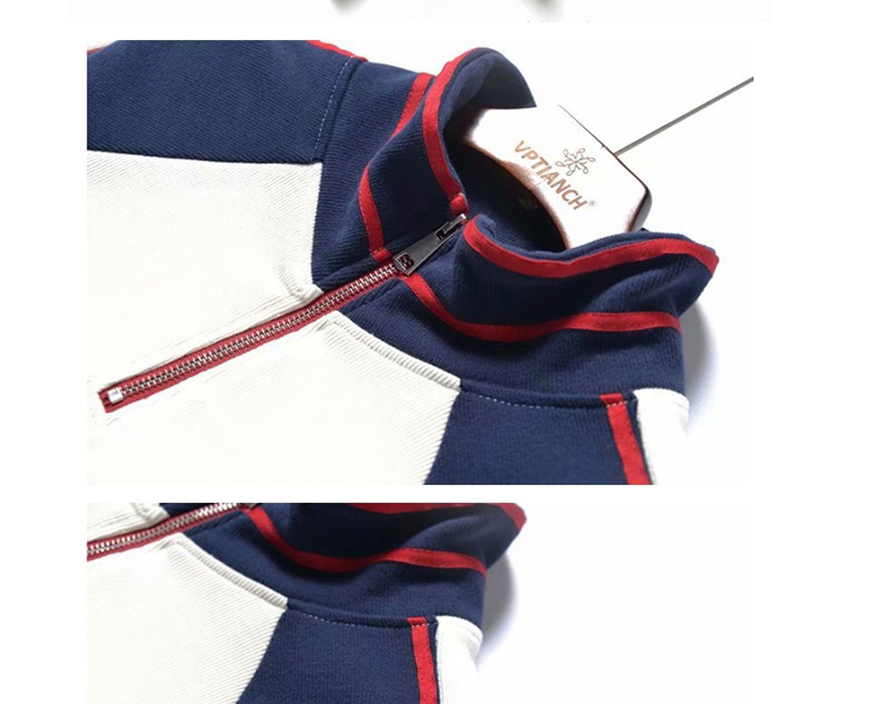 Fashion Navy Color Matching Stand Collar Zip Sweater,Blouses