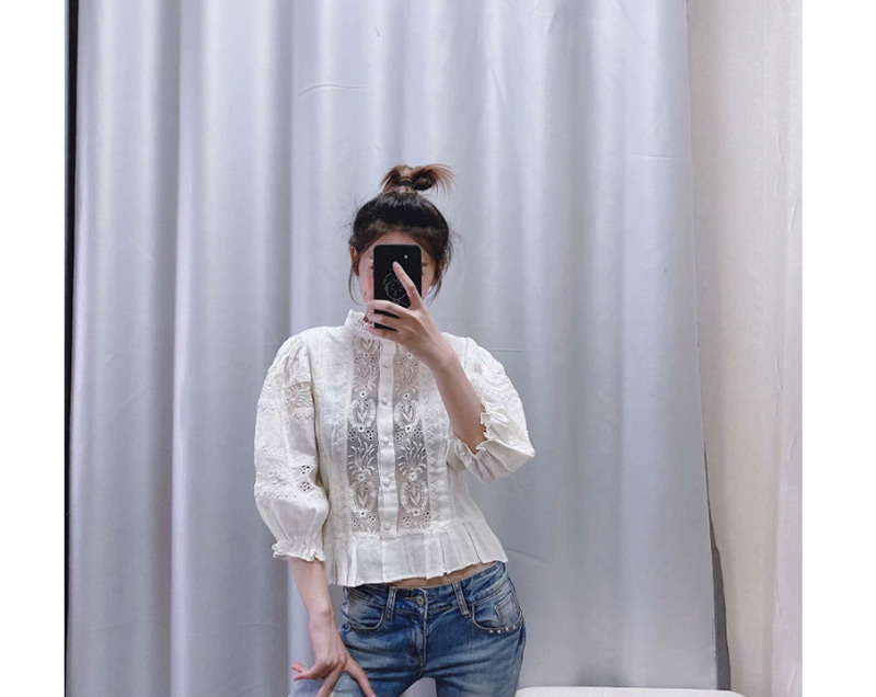 Fashion White Embroidered Openwork Stitching Single-breasted Shirt,Blouses