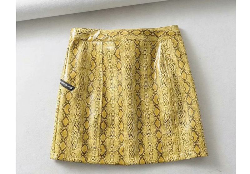 Fashion Yellow Snake-embossed Multi-zip Half-length Leather Skirt,Skirts