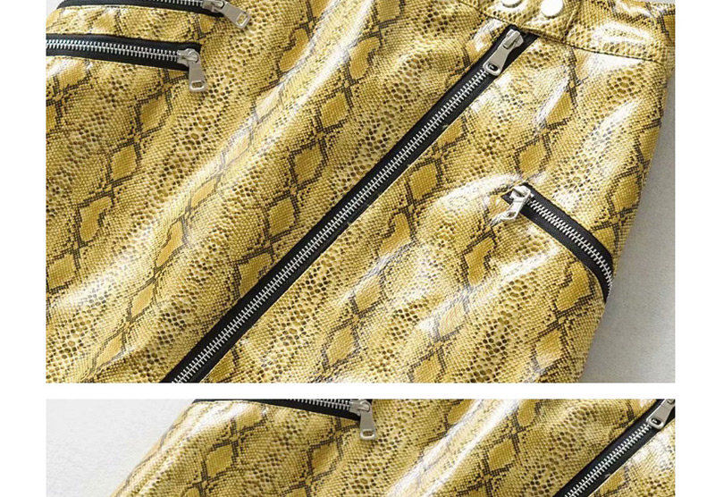Fashion Yellow Snake-embossed Multi-zip Half-length Leather Skirt,Skirts