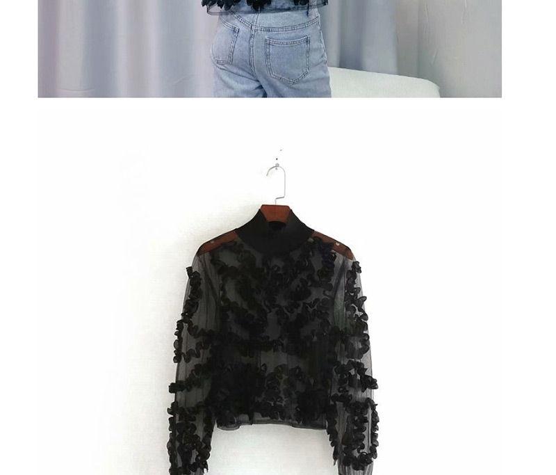 Fashion Black Stitching Translucent Disc Flower Shirt,Blouses