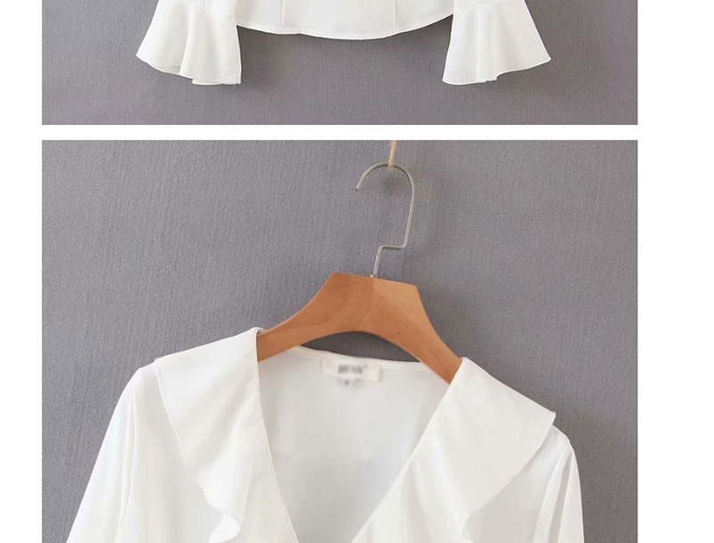 Fashion White Ruffled Trumpet Sleeve V-neck Shirt,Blouses
