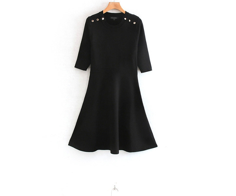 Fashion Black Knitted Round Neck Studded Sweater Dress,Long Dress