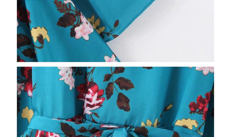 Fashion Blue Flower Print V-neck Lace-up Shirt,Blouses