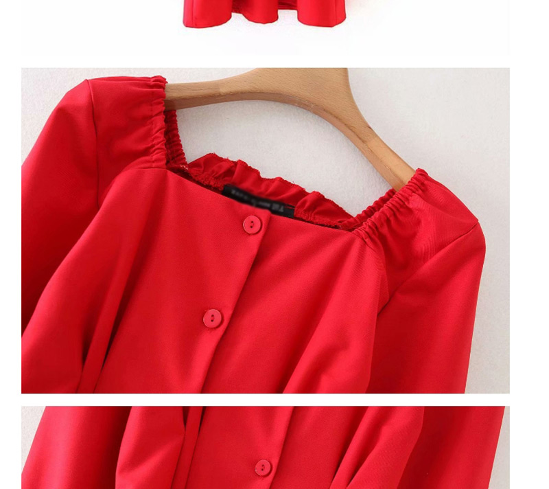 Fashion Red Square Collar Buckled Waist Dress,Mini & Short Dresses