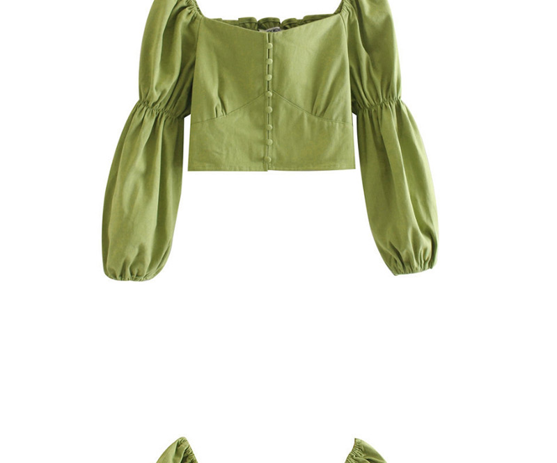 Fashion Green Puff Sleeve Collar Single-breasted Shirt,Tank Tops & Camis