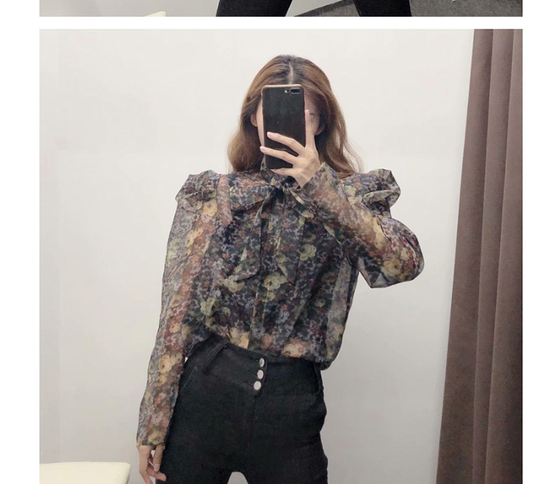 Fashion Black Puff Sleeve Organza Lace-up Shirt,Blouses