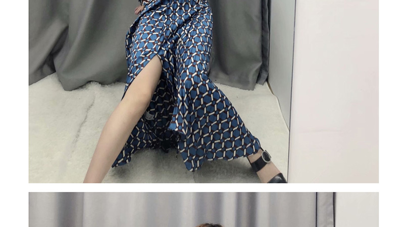 Fashion Blue Geometric Printed Split Pleated Skirt,Skirts