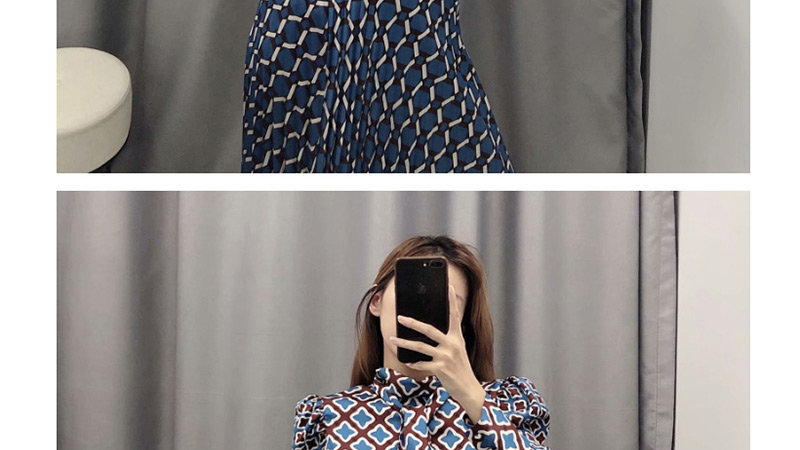 Fashion Blue Geometric Printed Split Pleated Skirt,Skirts