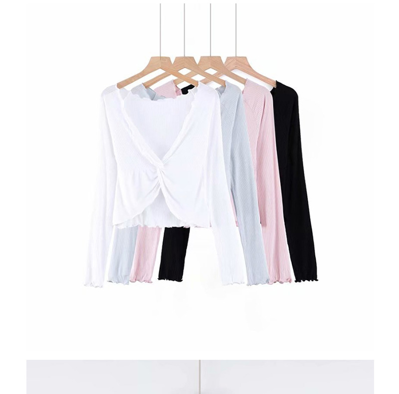 Fashion Pink Deep V Cross Long Sleeve T-shirt,Blouses
