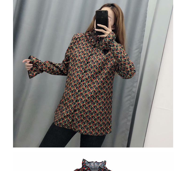 Fashion Coffee Color Laminated Flower Print Shirt,Blouses