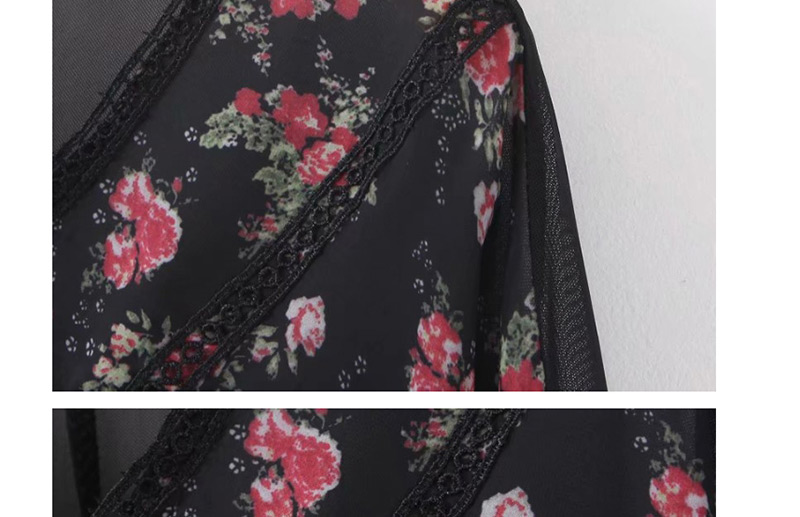 Fashion Black Flower Print V-neck Shirt,Blouses