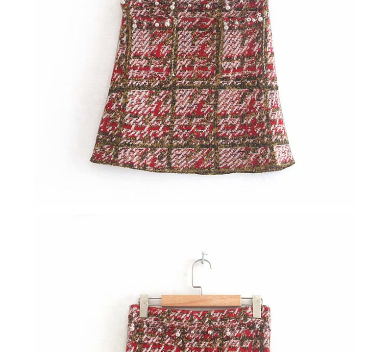 Fashion Pink Beaded Plaid Stitching Skirt,Skirts