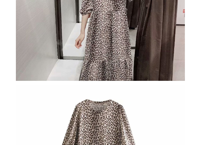 Fashion Leopard Floral Print Crew Neck Dress,Long Dress
