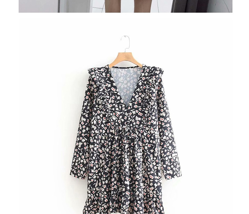 Fashion Black Floral Print V-neck Ruffle Dress,Mini & Short Dresses