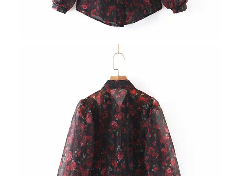Fashion Black Perspective Mesh Flower Print Shirt,Blouses