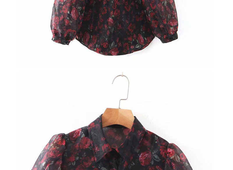 Fashion Black Perspective Mesh Flower Print Shirt,Blouses