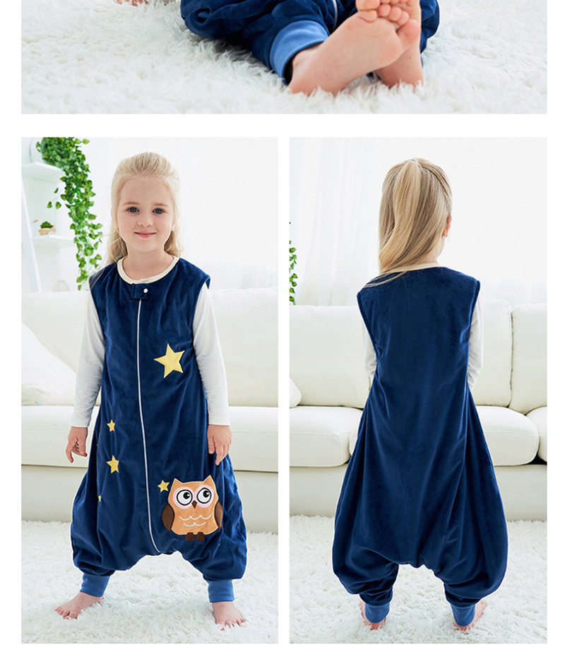 Fashion Dark Blue Star Owl Sleeveless Flannel Baby One-piece Home Service,Kids Clothing