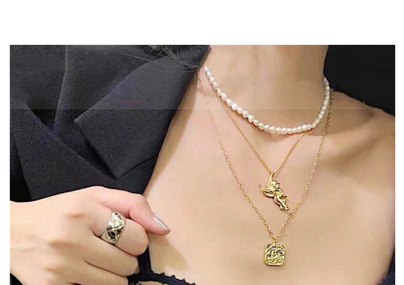Fashion Gold Pearl Angel Square Necklace,Multi Strand Necklaces