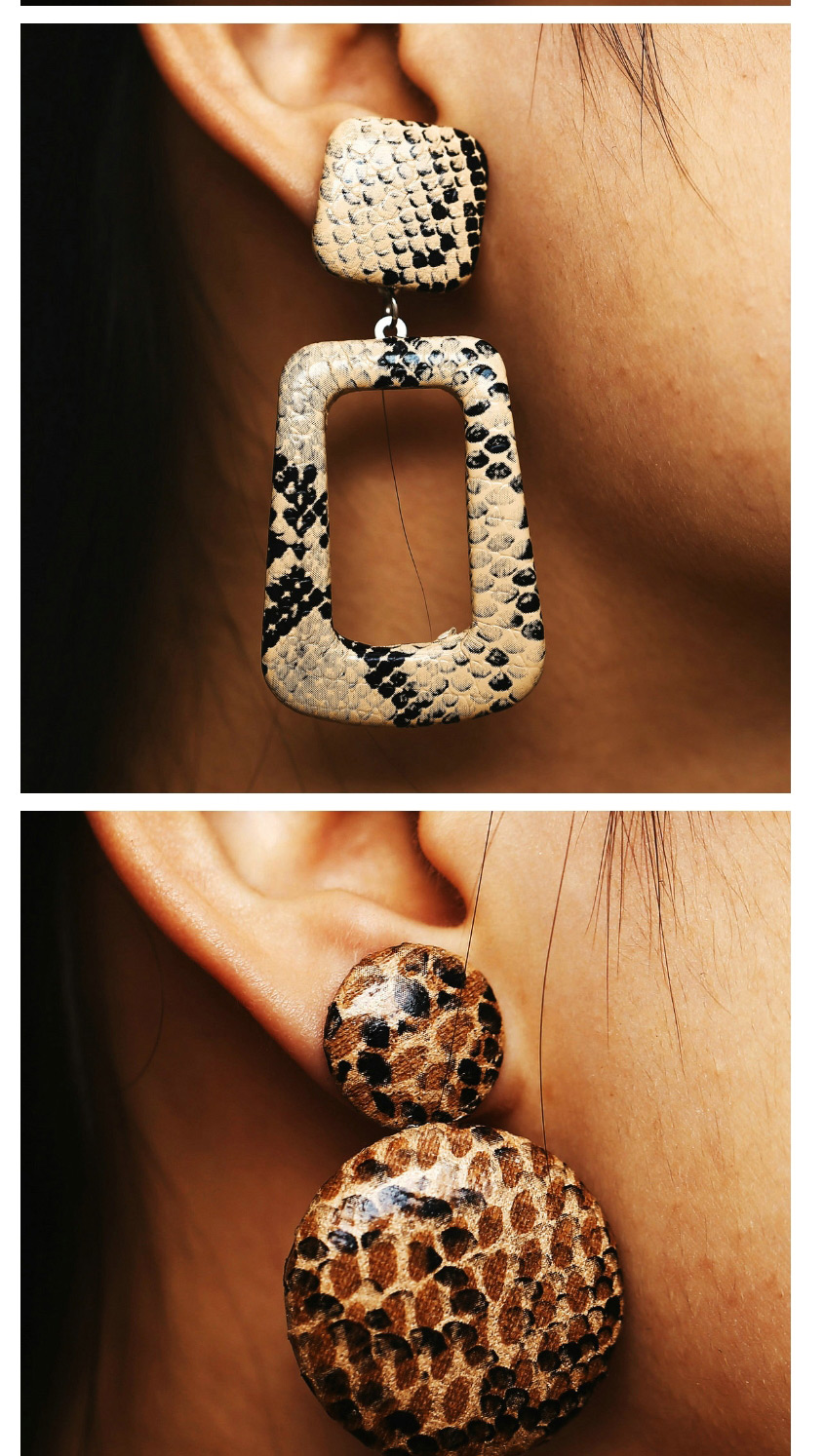 Fashion Khaki Rectangle Leopard-print Geometric Snakeskin Earrings,Drop Earrings