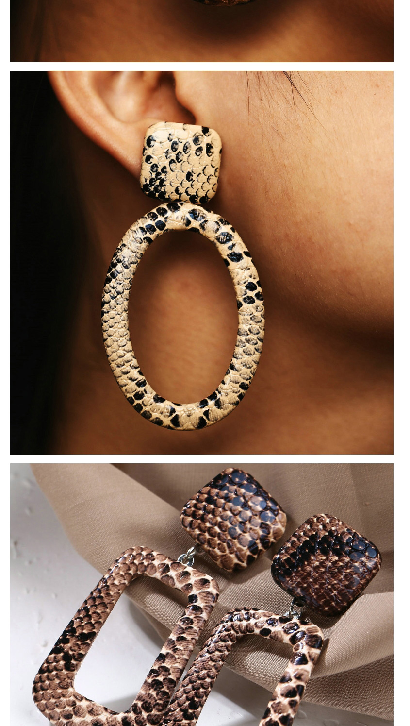 Fashion Khaki Rectangle Leopard-print Geometric Snakeskin Earrings,Drop Earrings