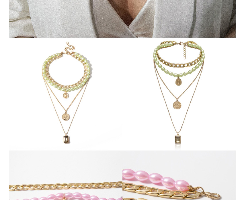 Fashion Pink Portrait Gem Multi-layer Pearl Necklace,Multi Strand Necklaces