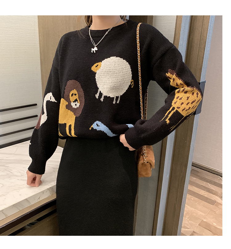Fashion Black Monkey Knit Sweater + Knit Half Skirt Set,Sweater