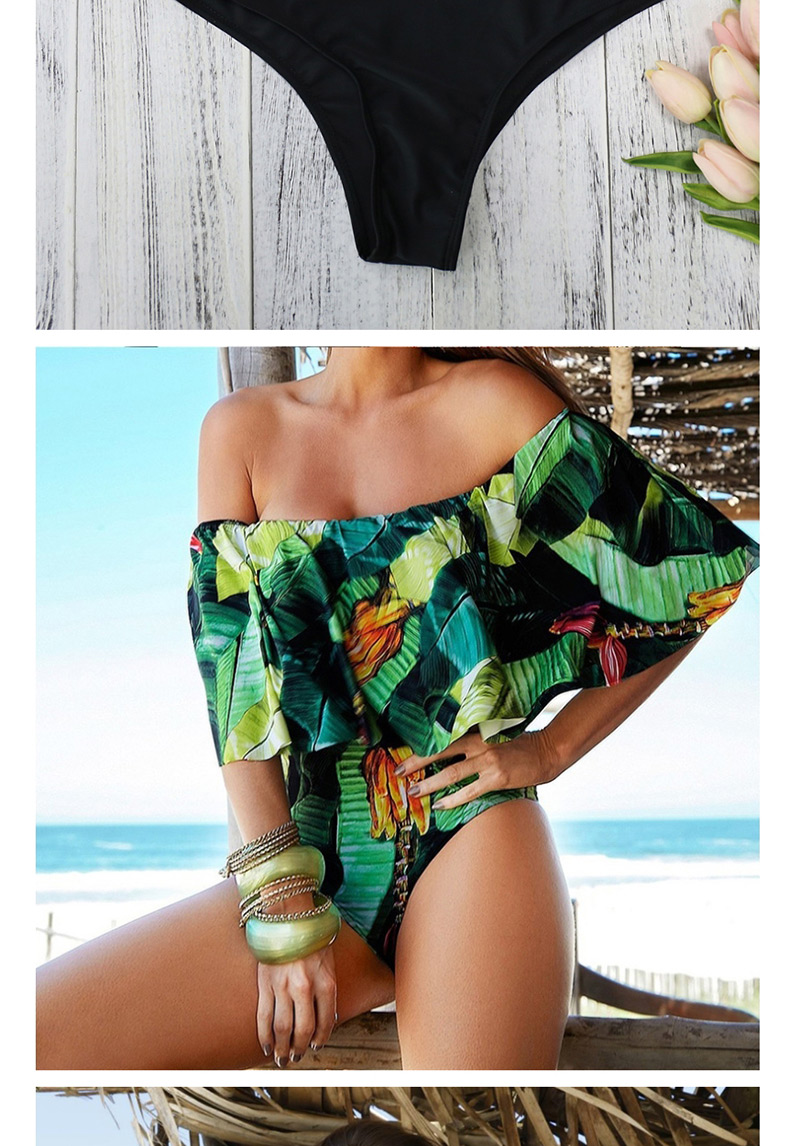 Fashion Black Floral One-shoulder Ruffled One-piece Swimsuit,One Pieces