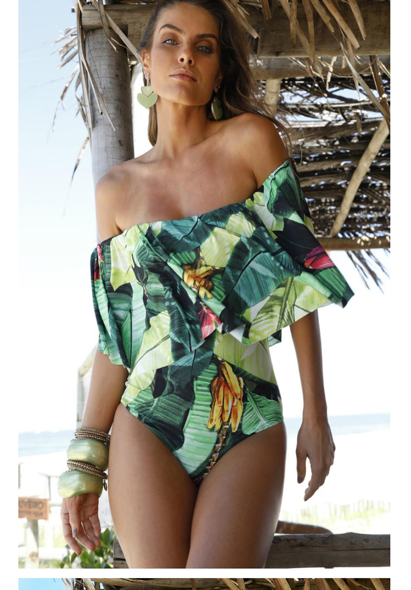 Fashion Green Print Floral One-shoulder Ruffled One-piece Swimsuit,One Pieces