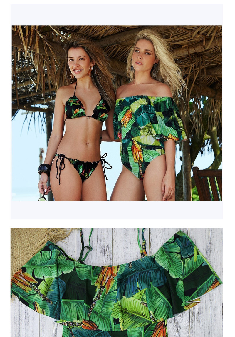 Fashion Green Print Floral One-shoulder Ruffled One-piece Swimsuit,One Pieces