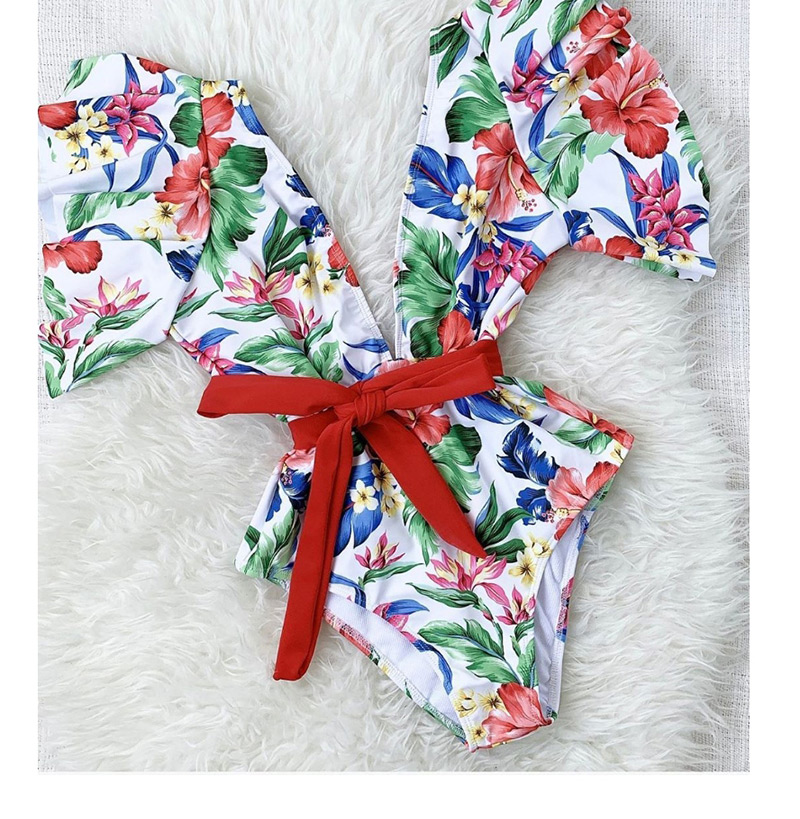 Fashion Foundation Green Leaves Floral Printed Lace-up One-piece Swimsuit,One Pieces