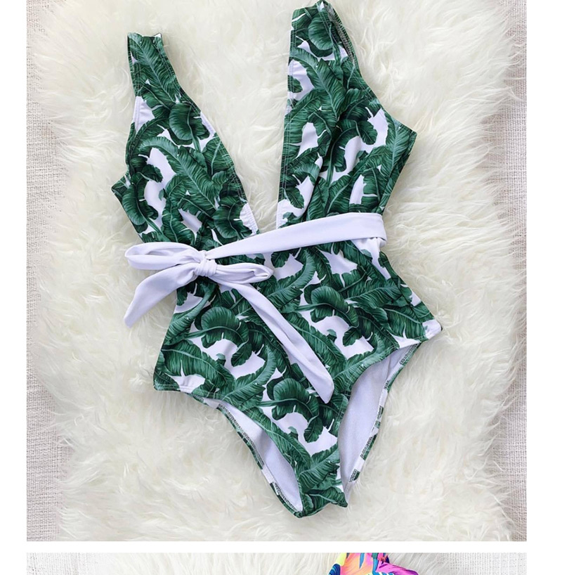 Fashion Green Leaves On White Floral Printed Lace-up One-piece Swimsuit,One Pieces