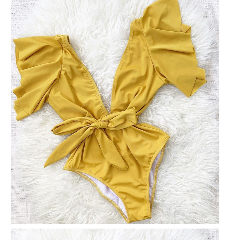 Fashion Pure Yellow Floral Printed Lace-up One-piece Swimsuit,One Pieces